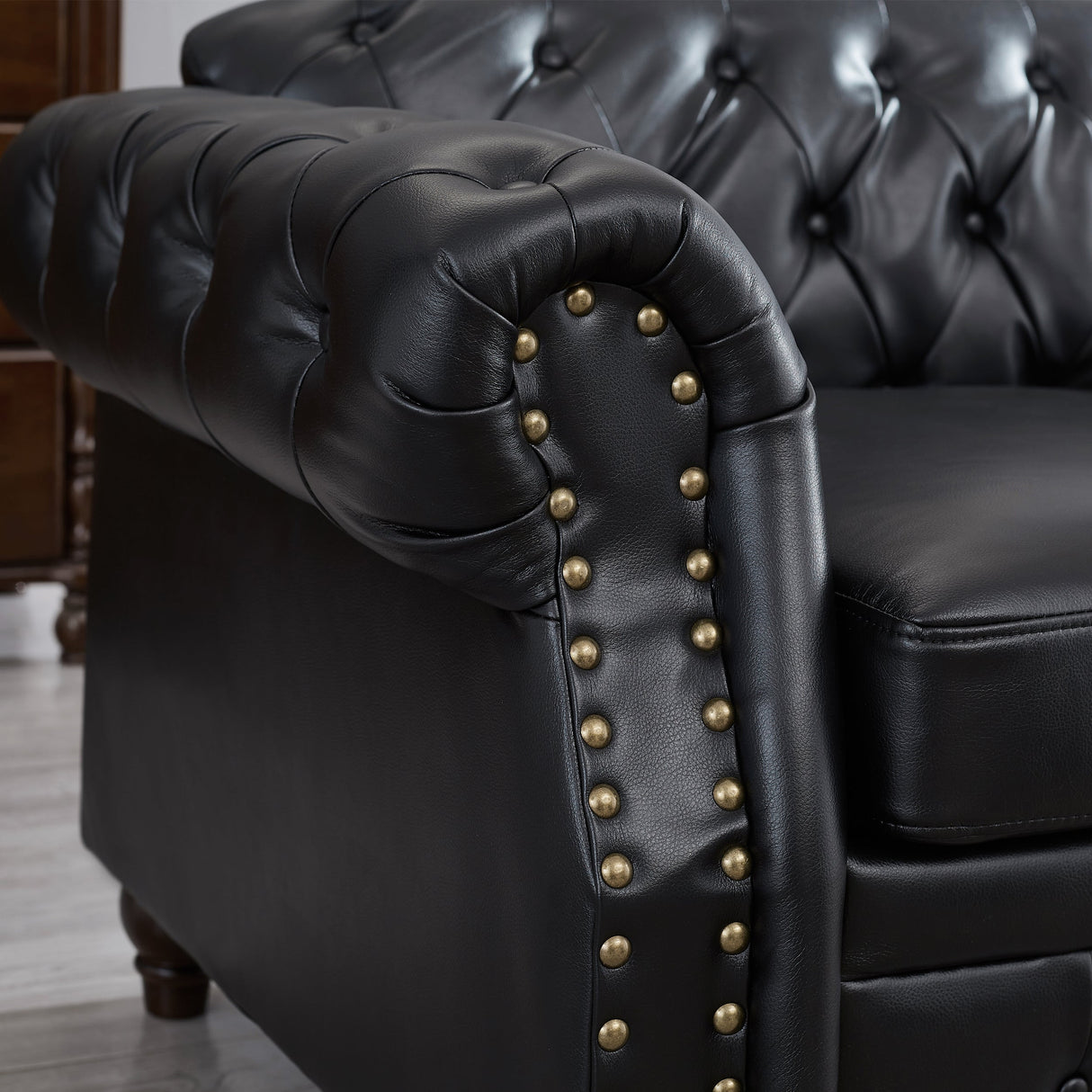 85.8' Living Room Chesterfield Sofa Classic Tufted Design Faux Leather PU Upholstered Sofa with Storage (Black)