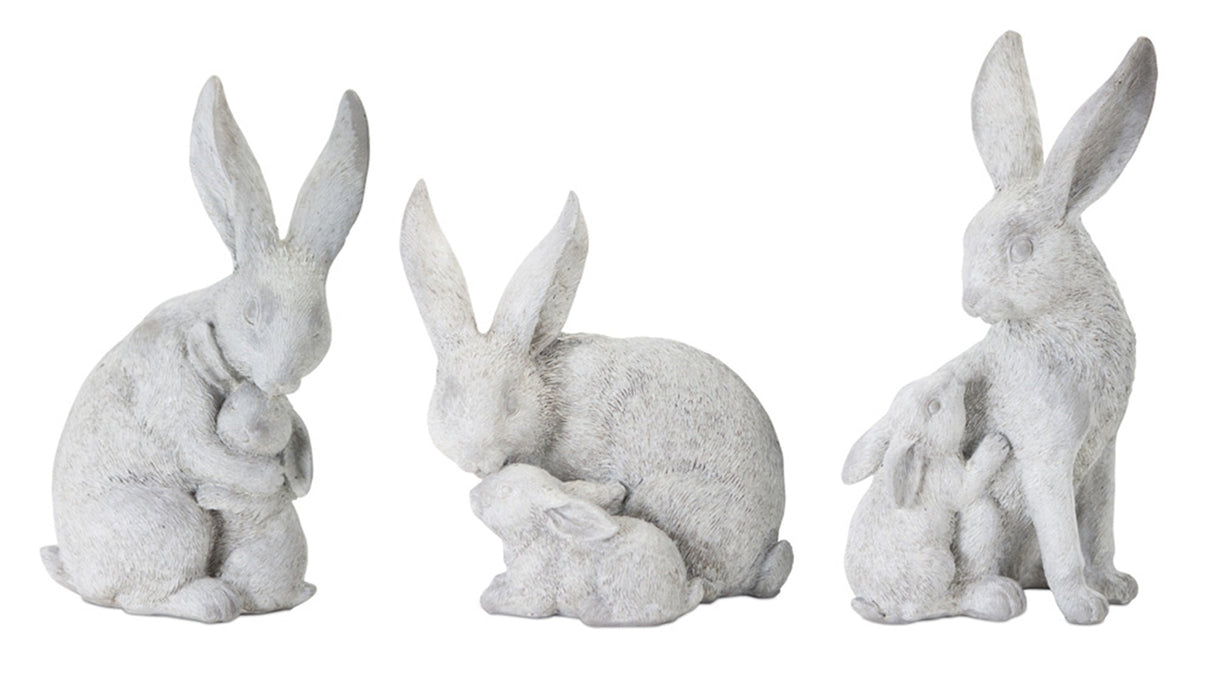 White stone garden rabbit with baby bunny figurine (set of 6)