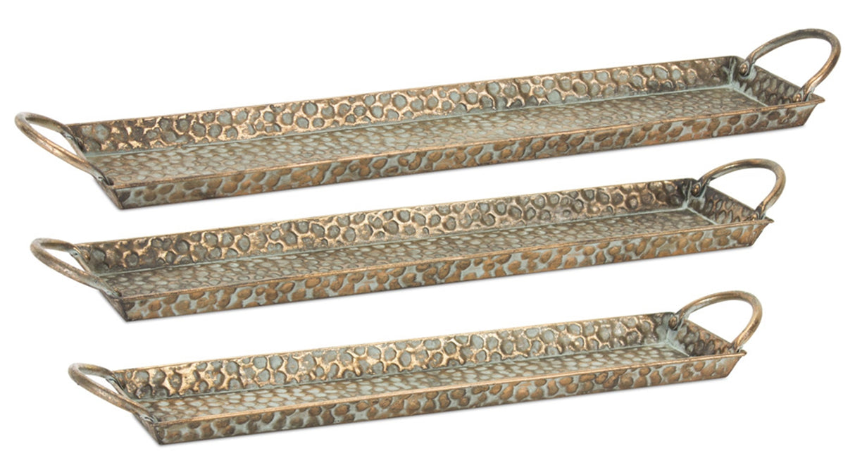 Hammered Metal Tray with Washed Finish and Handles (Set of 3)