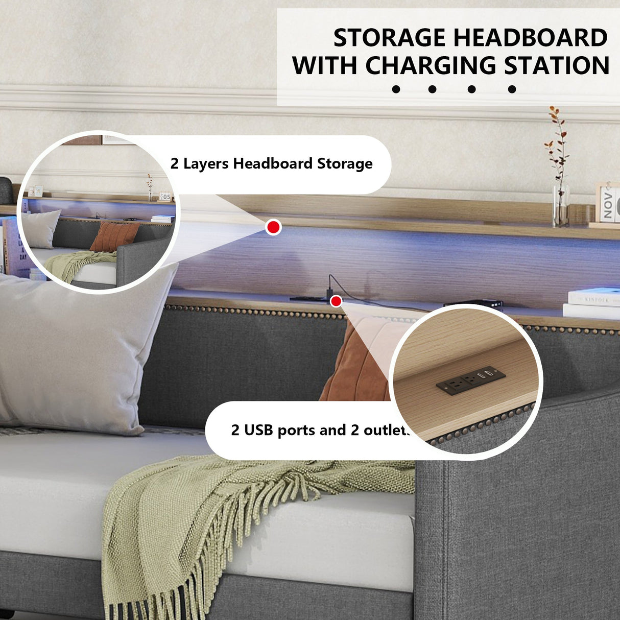 Twin Size Linen Upholstered Daybed with Storage Drawers and LED Lights