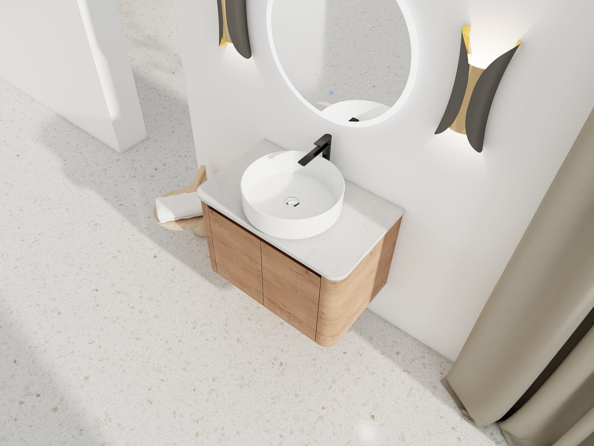 30" Wall-Mounted Bathroom Vanity With Ceramic Art Sink & 2 Soft-Close Doors