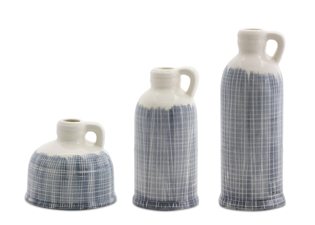 Terra-Cotta-Jug-Vase-with-Navy-Criss-Cross-Pattern-(Set-of-3)-Vases