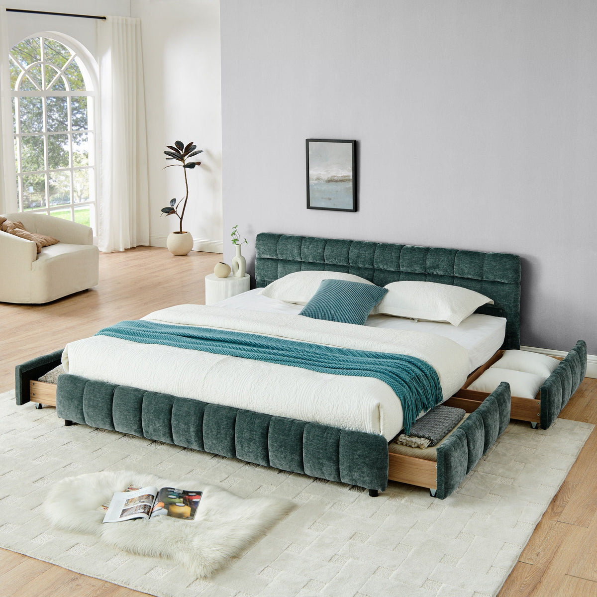 Modern Platform Bed Frame With Thick Fabric
