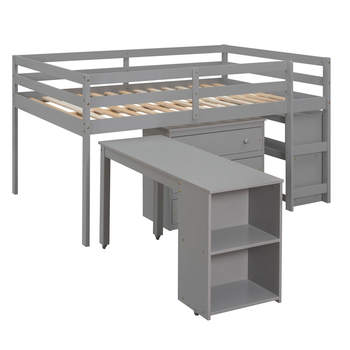 Loft Low Study Bed With Cabinet, Shelves And Rolling Portable Desk, Multiple Functions