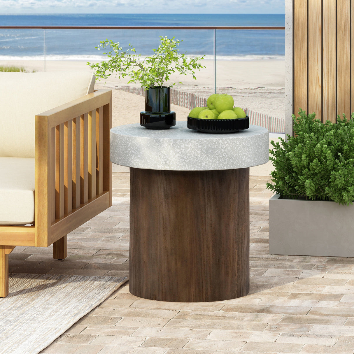 Cylindrical Side Table with Antique White Faux Stone Top and Natural Wood Base
