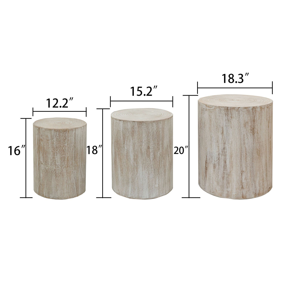 Set of 3, Rounded Wood Coffee Tables, End Tables, Plant Stands,Decorative Accent Pieces - Whitewashed Wood Finish