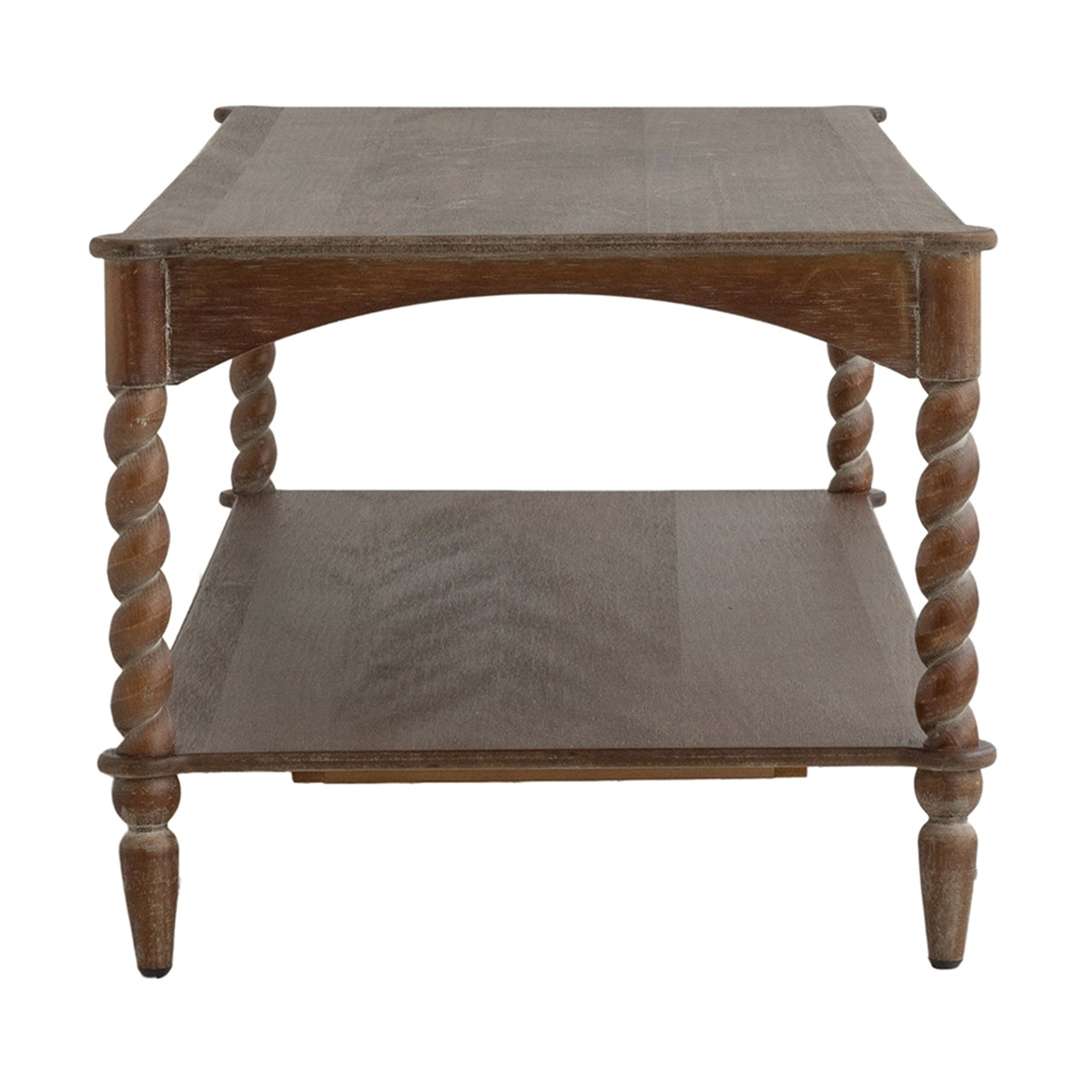 Rustic Brown Wood Coffee Table with Turned Spiral Legs and Lower Shelf