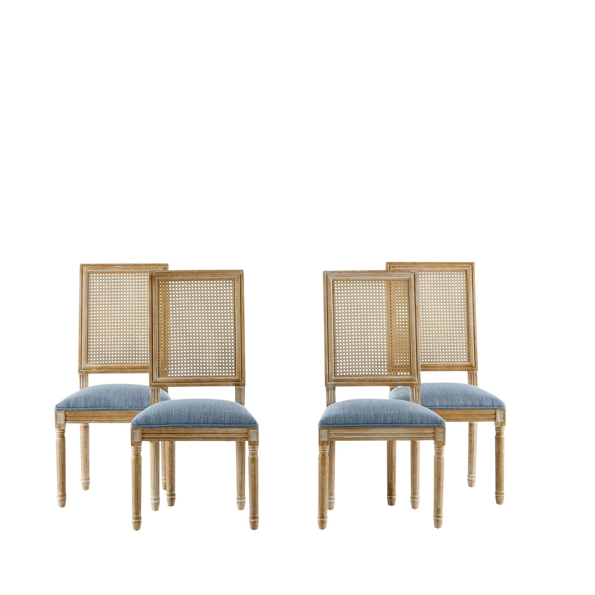 French Country Dining Chair With Rectangular Cane Backrest And Smooth Upholstered Seating