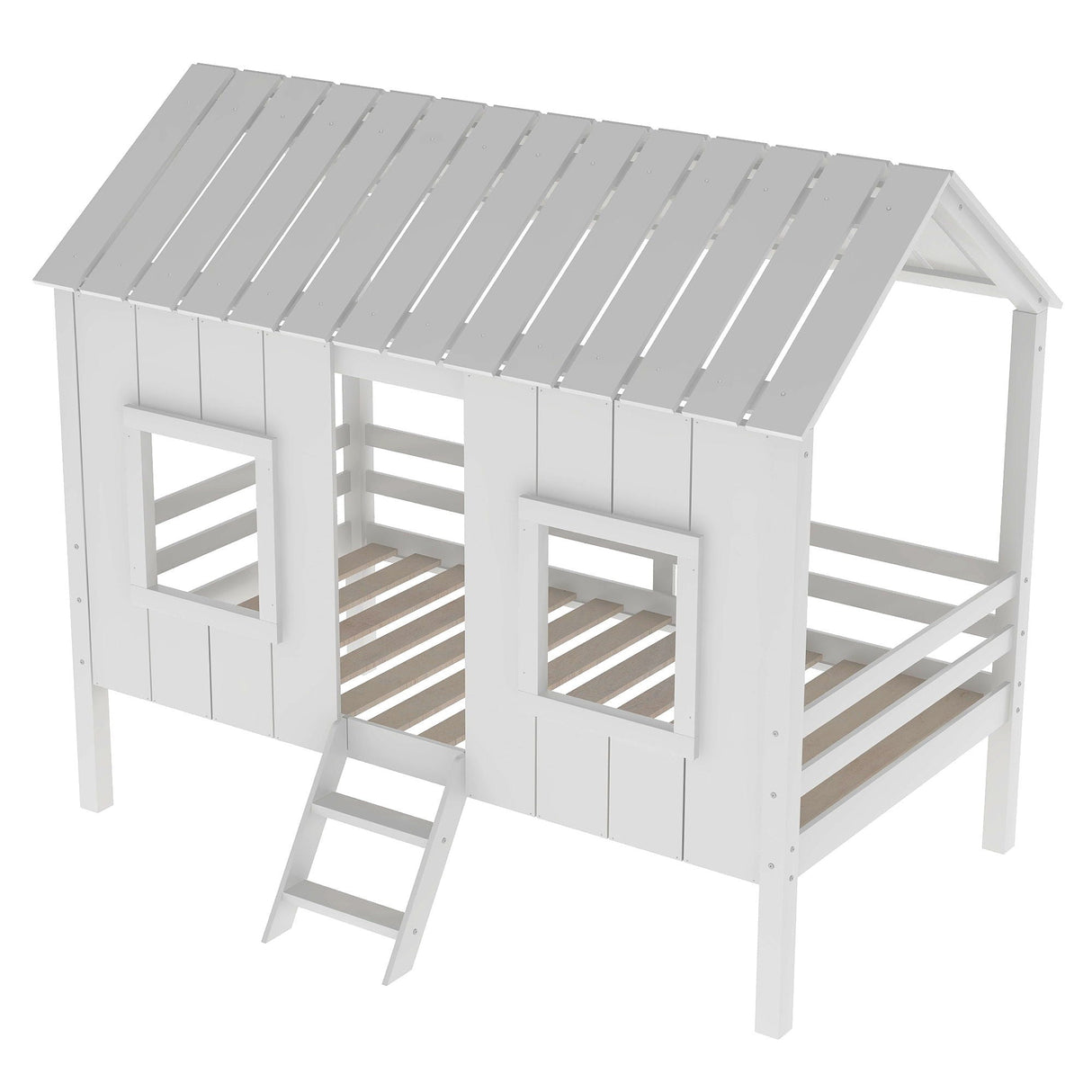 Twin Size Low Loft House Bed With Roof And 2 Front Windows - White