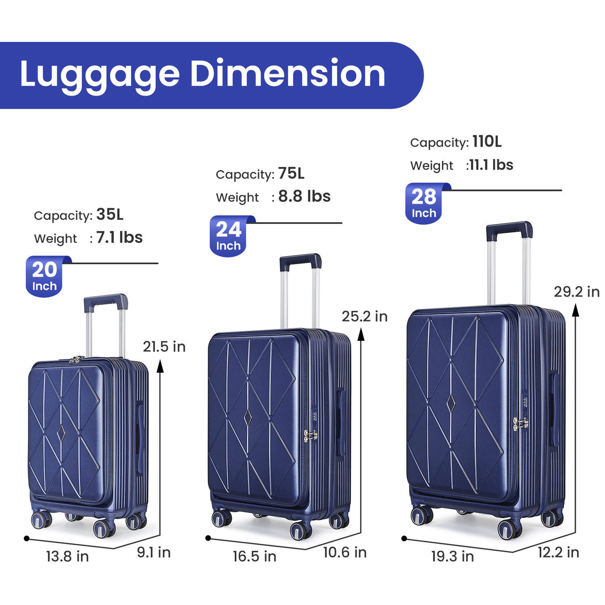 3 Piece, Expandable Carry On Luggage with TSA Lock -Hard Shell and Lightweight Suitcase with Front Pocket and Spinner Wheels