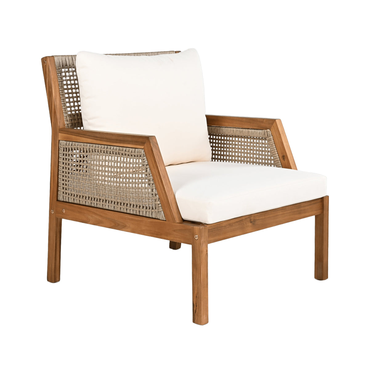 Acacia Wood Patio Furniture Club Chair Outdoor Wicker Armchair with Deep Seating and Soft Cushions