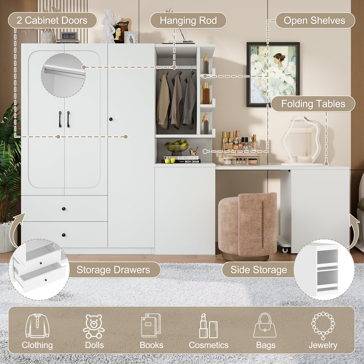 Multifunctional Wardrobe with 2 Doors and Convertible Desk