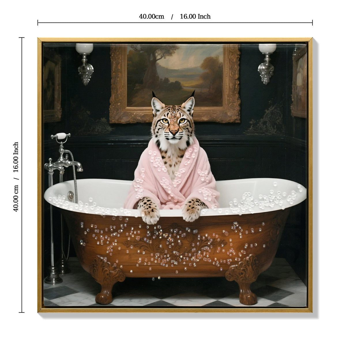 Tiger in Bathtub Wall Art Print Poster, Bathroom Decor Posters Prints for Restroom Home Picture Painting Artwork Gallery 1 (Tiger, 16 x 16 inches, Wood Frame)