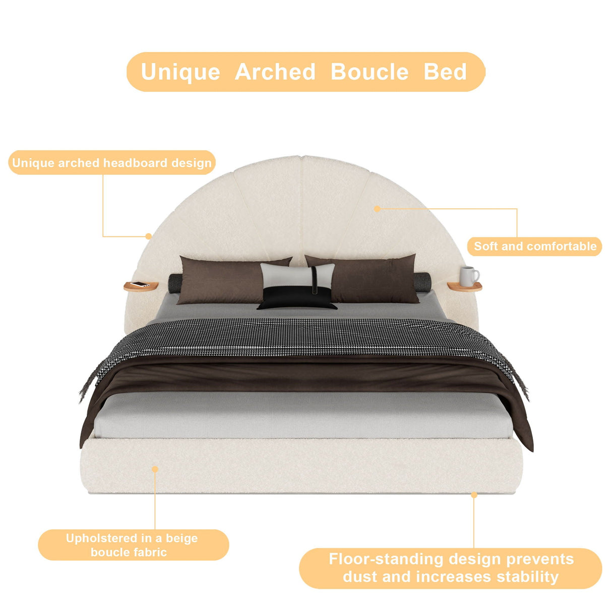 Queen Arched Bed With Small Table, Floor Standing Design - Beige