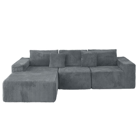 Modern Grey Plush Corduroy Modular Sectional Sofa with L-Chaise — 113" Deep-Seat