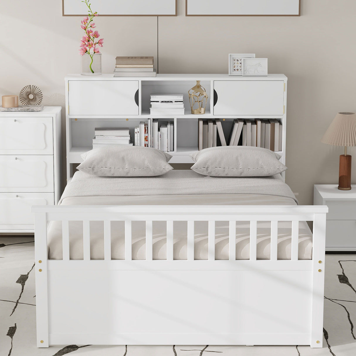 Captain Platform Bed Frame With Bookcase Headboard, 4 Drawers, Storage Shelves