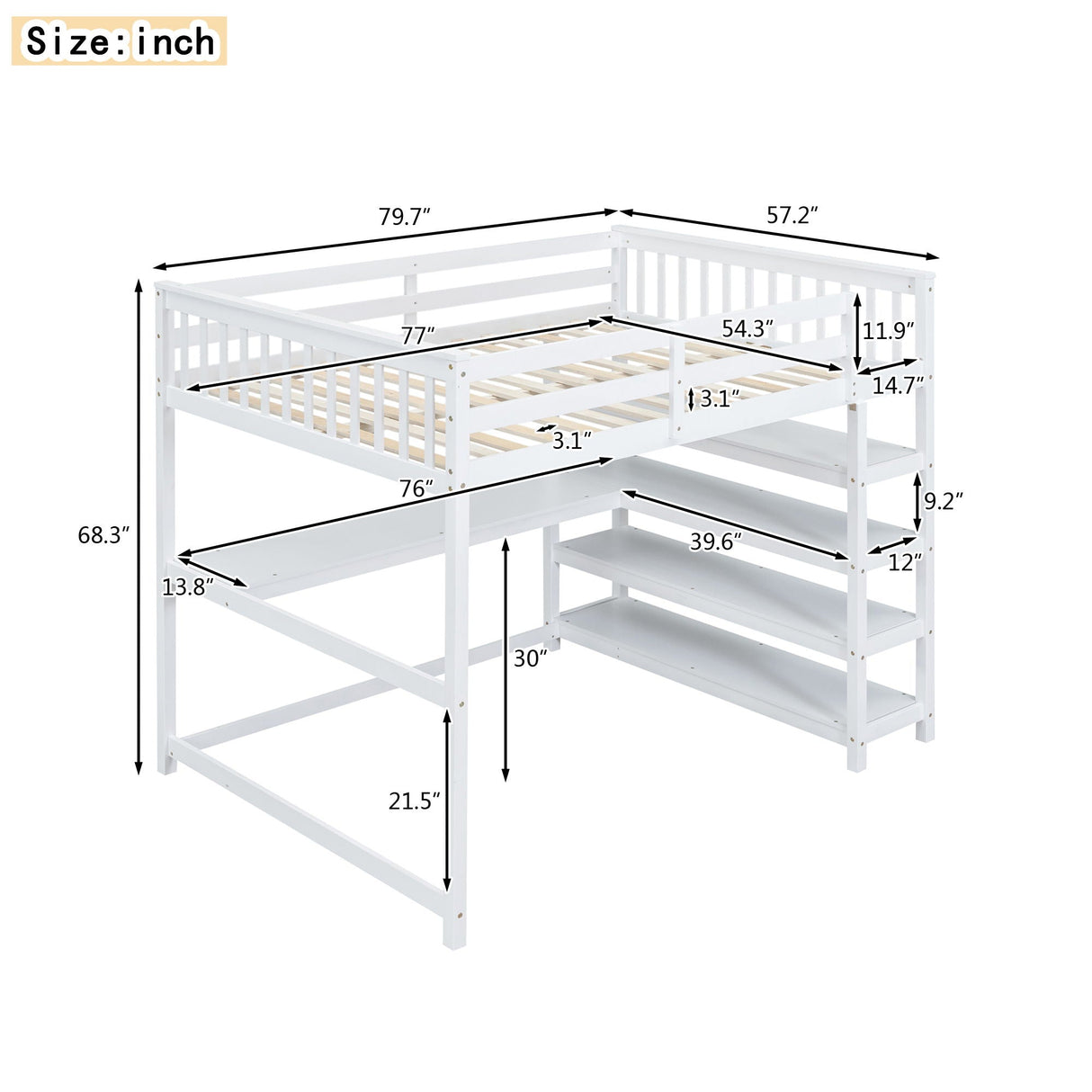 Loft Bed With Storage Shelves And Under Bed Desk