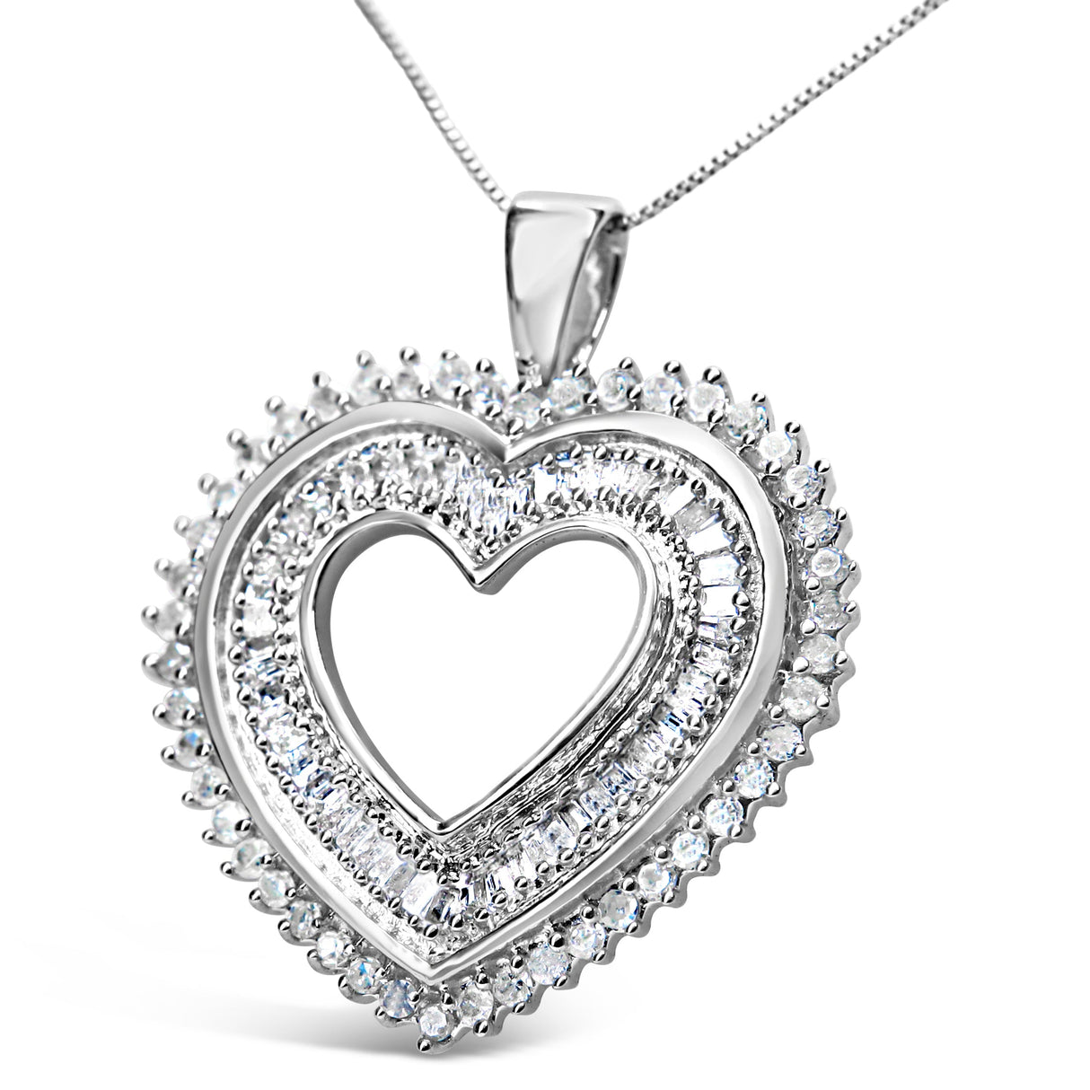 .925 Sterling Silver 1.0 Cttw Baguette and Round Diamond Heart Pendant 18" Necklace (H-I Color, I3 Clarity)