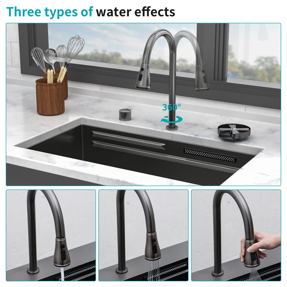 Undermount Stainless Steel Kitchen Sink With Pull Down Faucet & Ledge Workstation