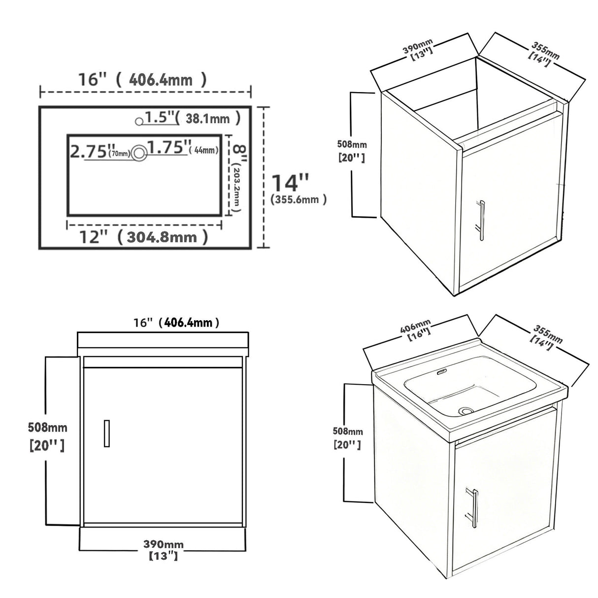16" Floating Bathroom Vanity, Wall Mounted Plywood Cabinet