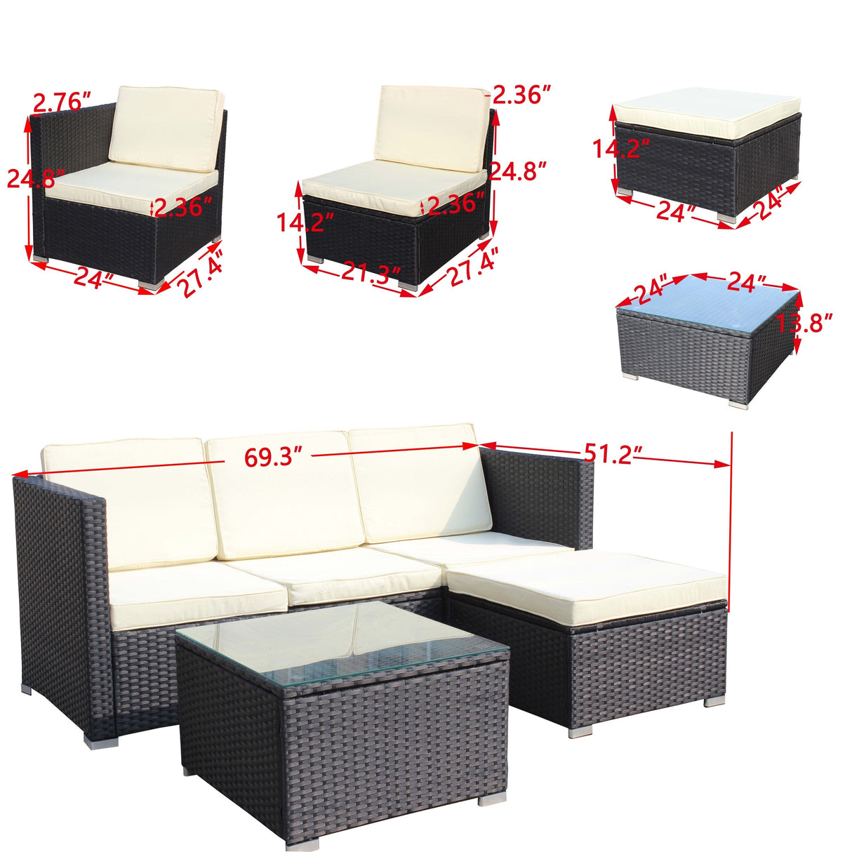 Outdoor 5-Piece PE Rattan Wicker Patio Sofa Set with Coffee Table