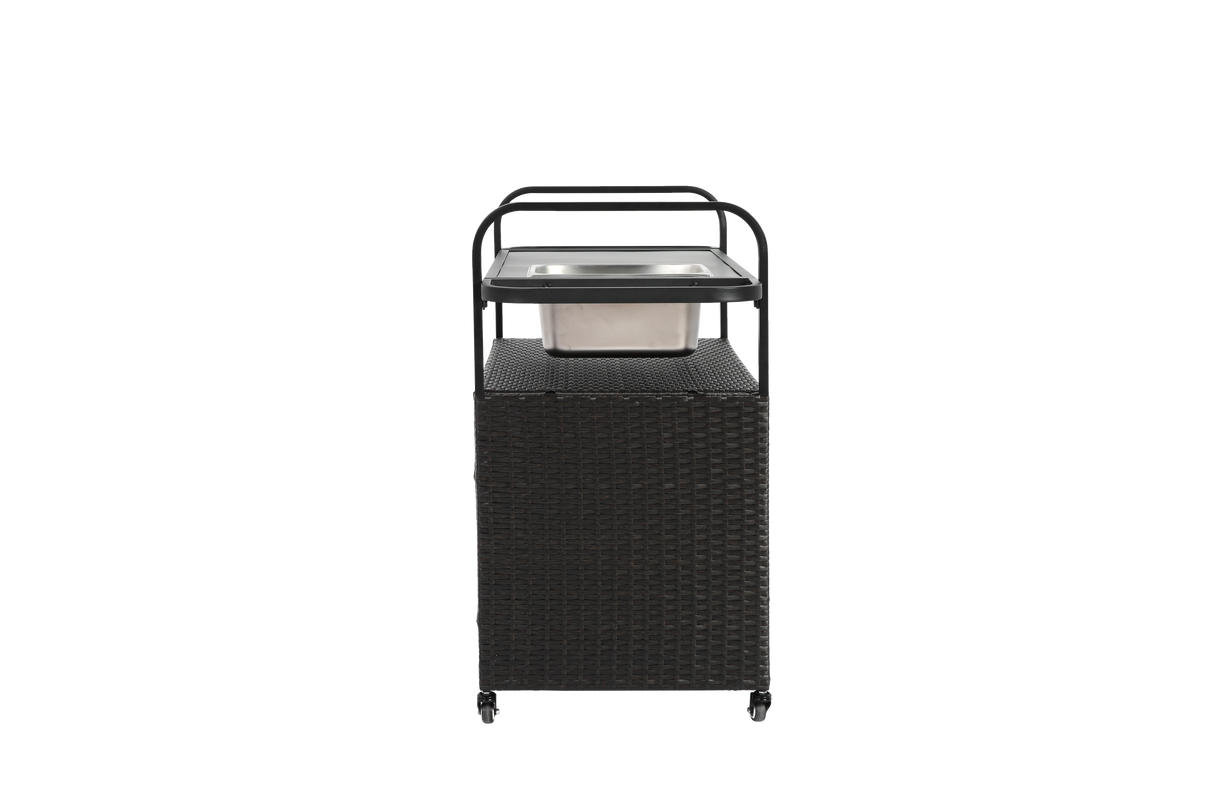 Outdoor Bar Table with Wicker Bar Cart and Steel Top