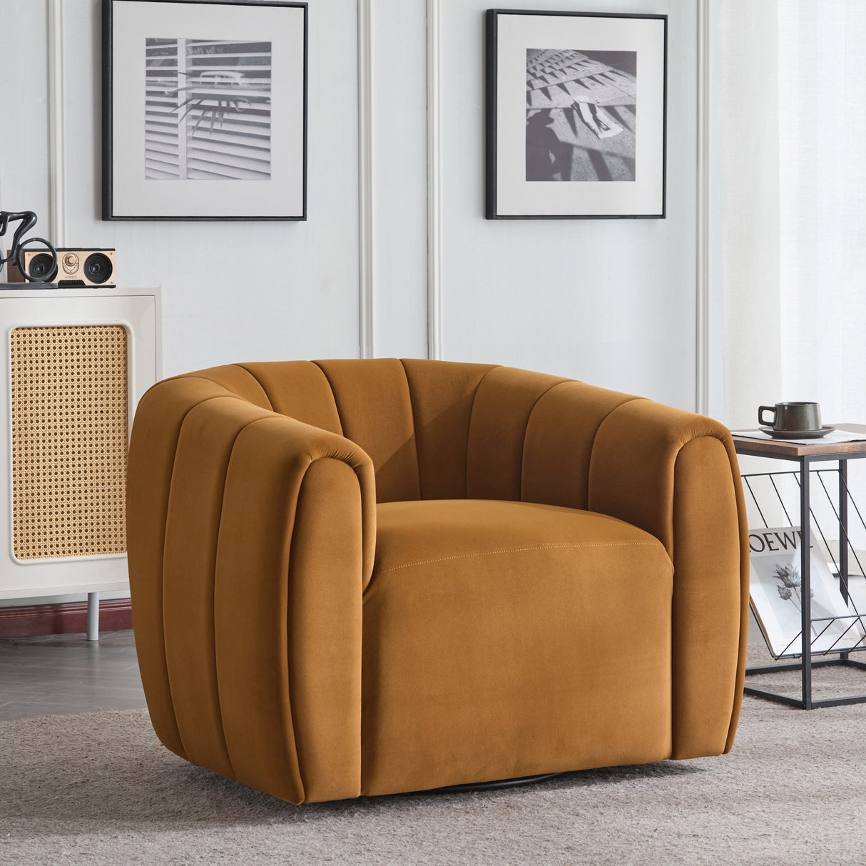 Modern Swivel Club Chair with Premium Velvet Tub Design in Dark Yellow