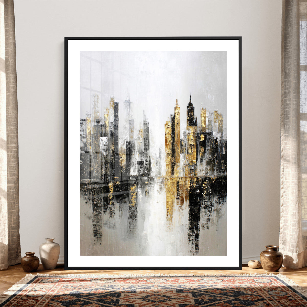 Abstract New York Wall Art Canvas Print, Gold Black Modern