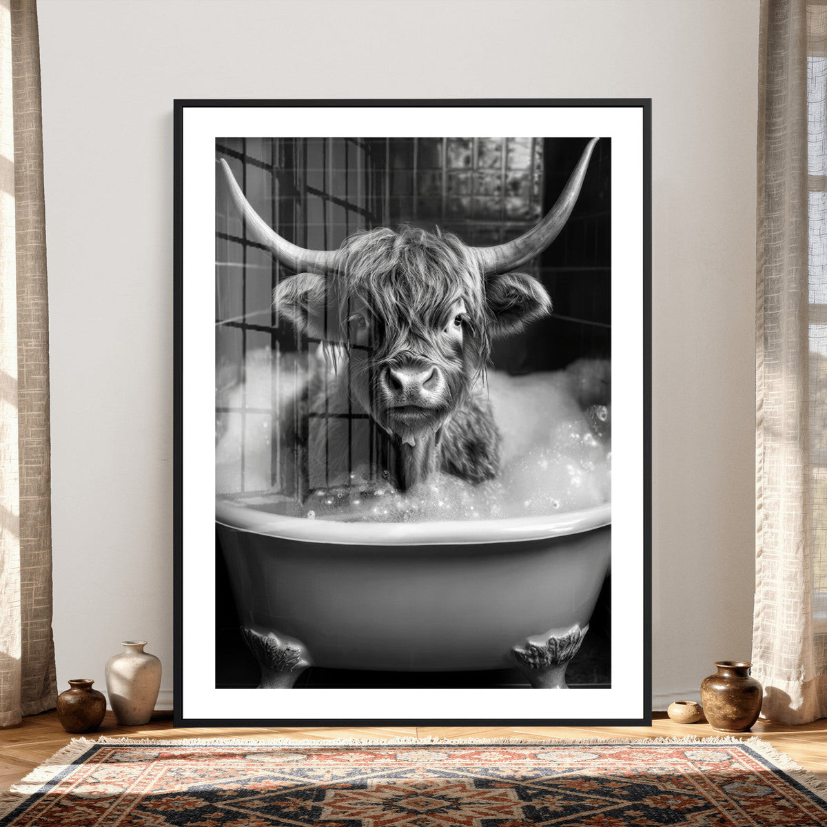 Highland Cow Bathtub Canvas Wall Art, Funny Bathroom Print