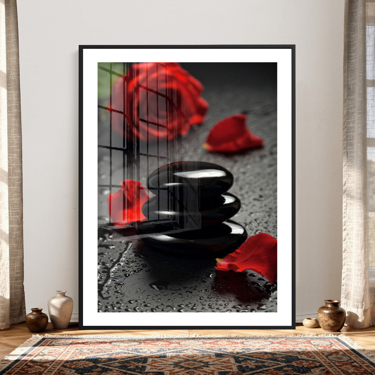 Black Lava Stone Rose Canvas | Red Rose Spa Photography