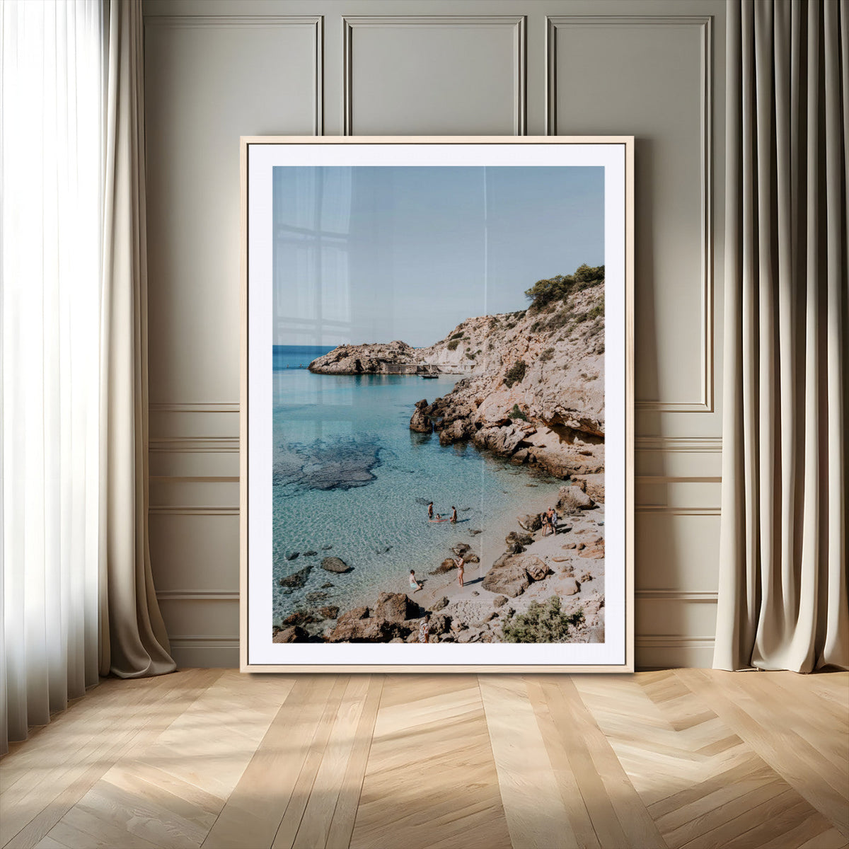 Clear Blue Water Beach Wall Art – Framed Rocky Cove Canvas