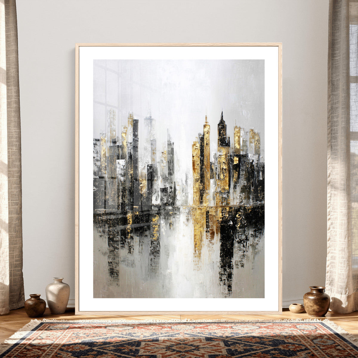 Abstract New York Wall Art Canvas Print, Gold Black Modern