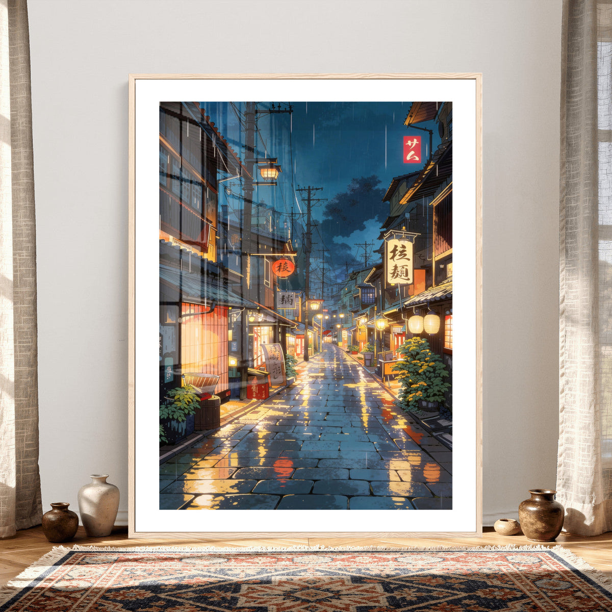 Tokyo Tea House Canvas Wall Art — Japan Rainy Night Street