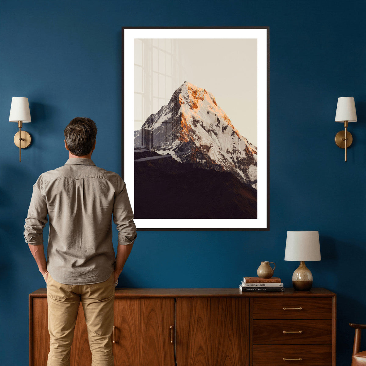 Golden Peak Mountain Wall Art Canvas Print, Minimal Alpine