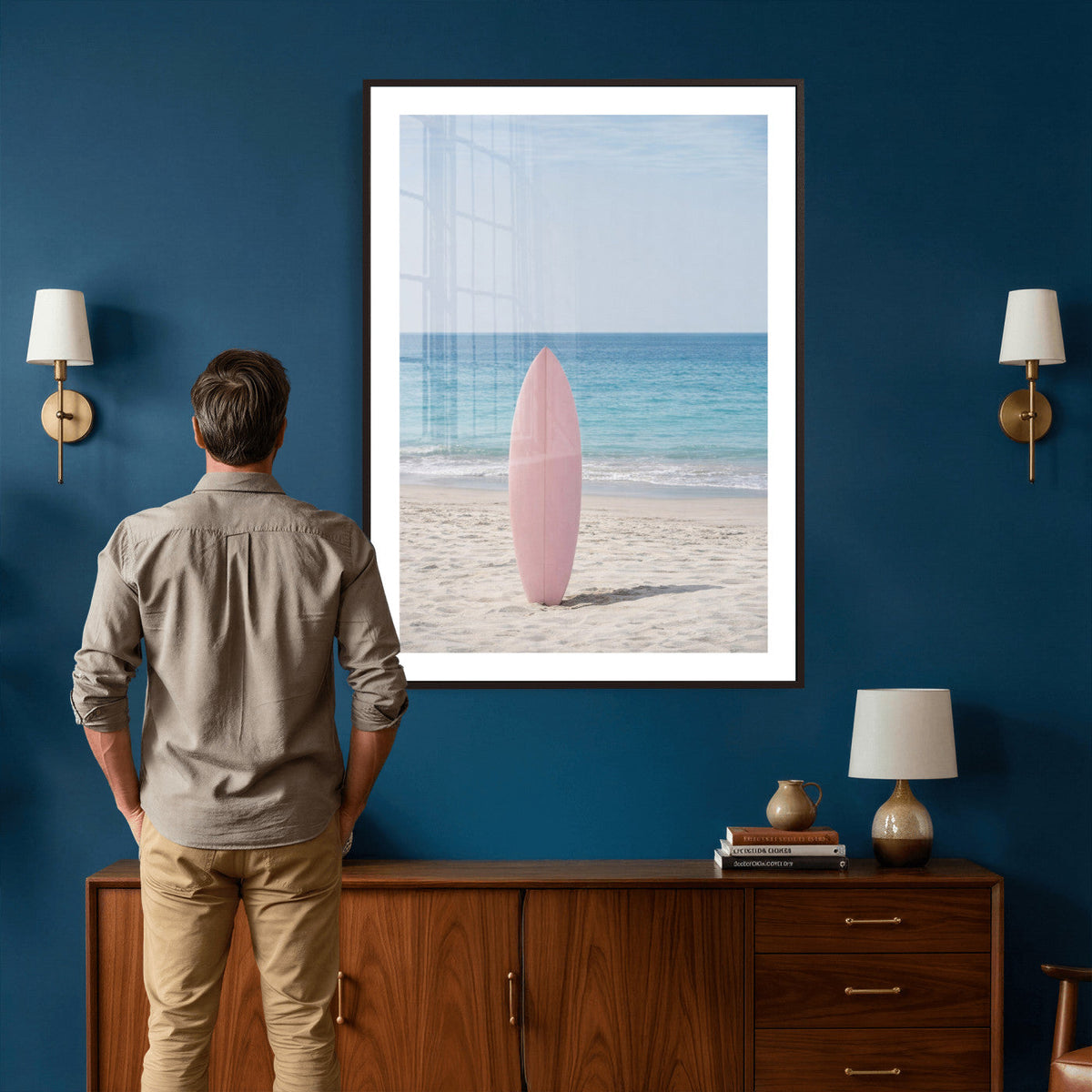 Pink Surfboard Canvas Wall Art, Minimalist Beach Photography