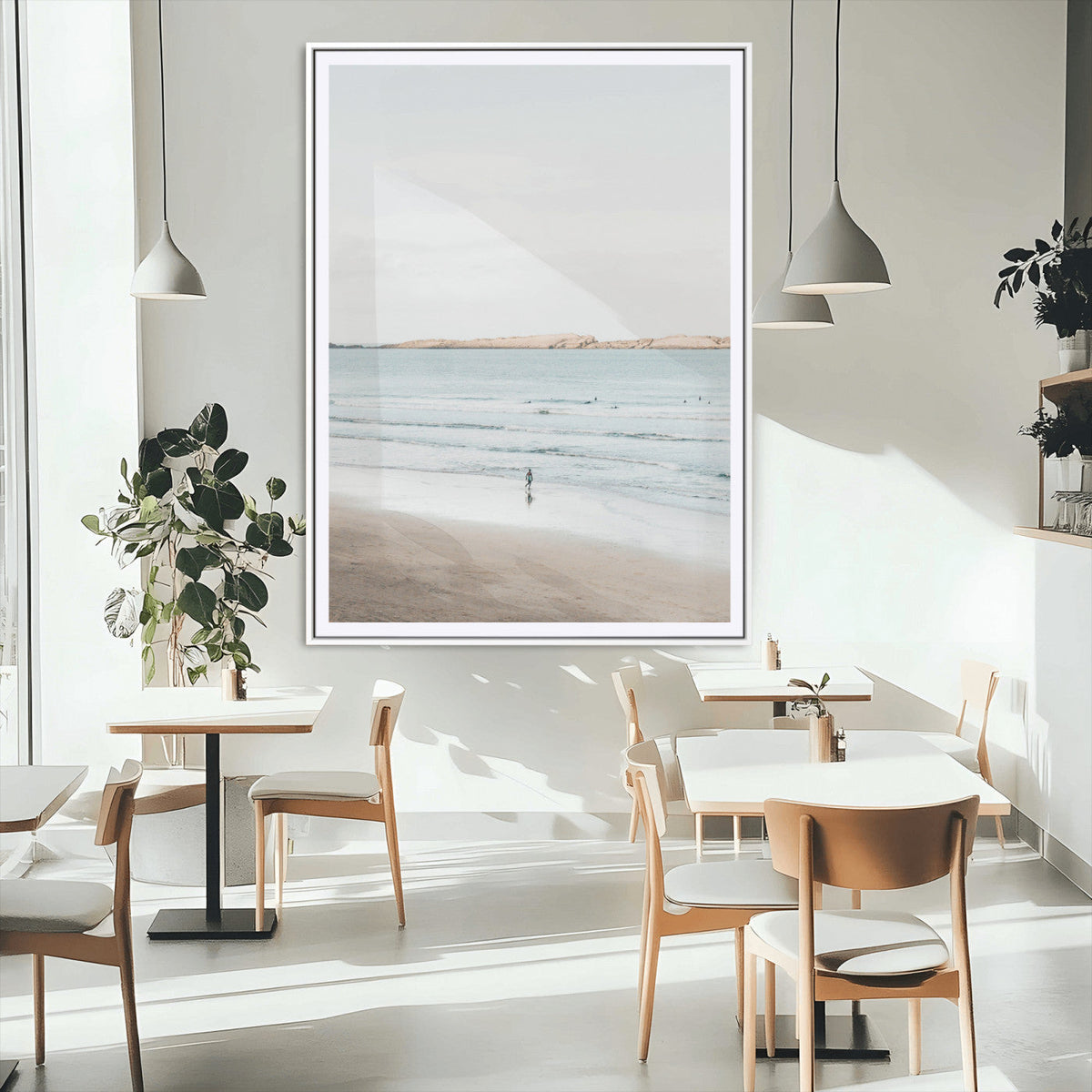 Minimalist Beach Wall Art Canvas Print – Framed Soft Blue