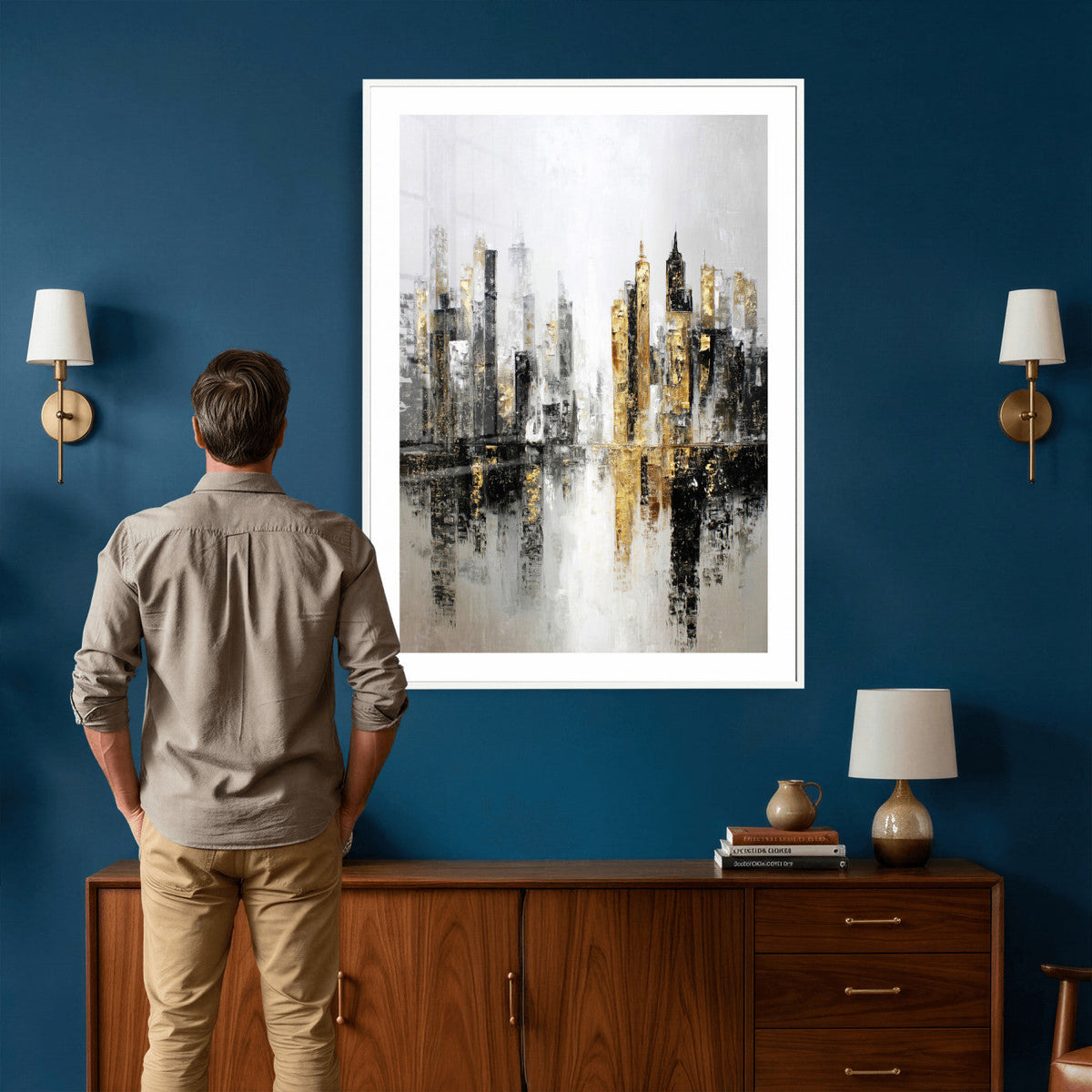 Abstract New York Wall Art Canvas Print, Gold Black Modern
