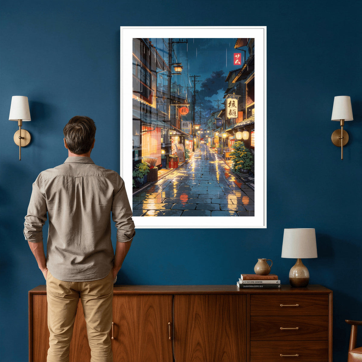 Tokyo Tea House Canvas Wall Art — Japan Rainy Night Street