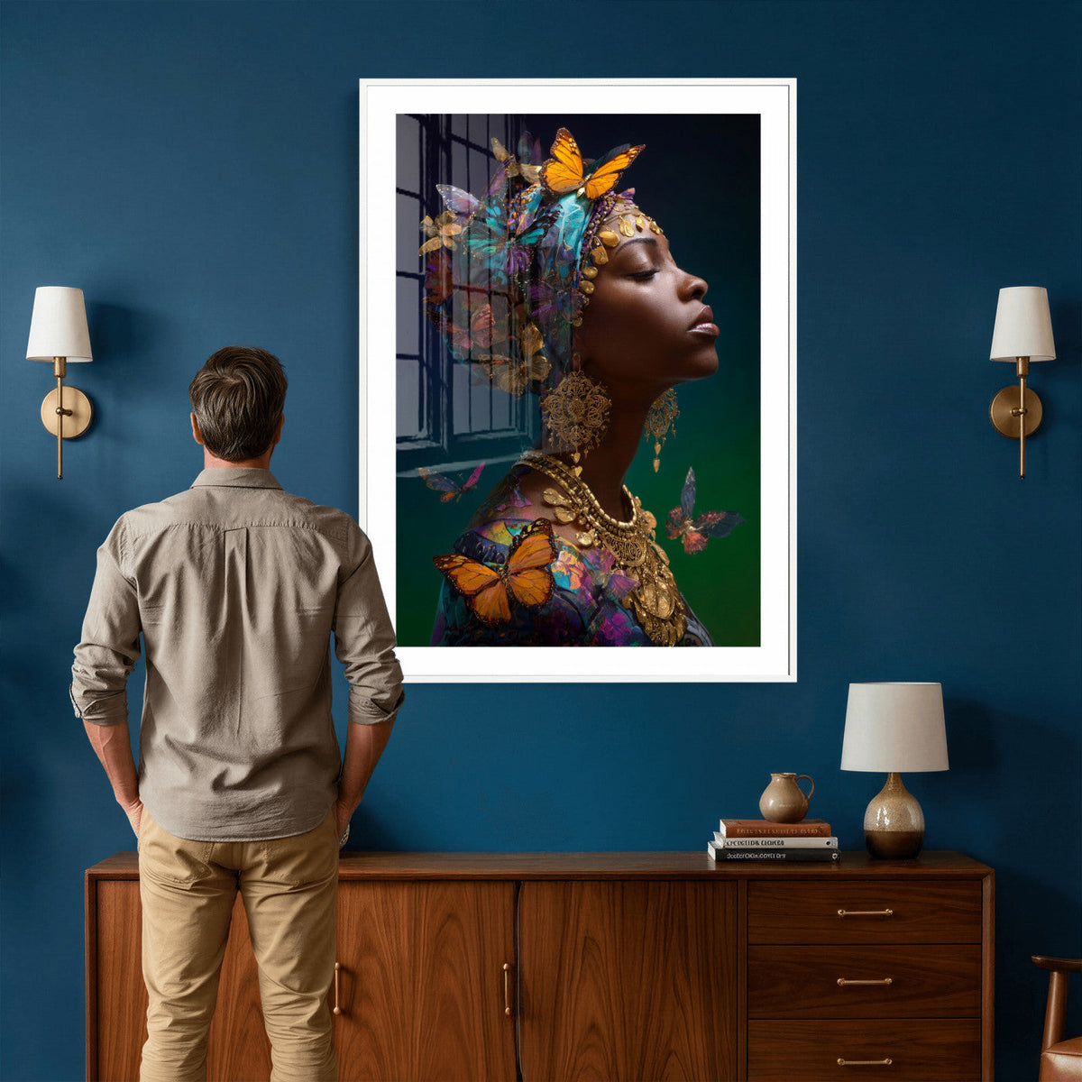 Butterfly Crown Gold Woman Portrait — Monarch Queen Canvas