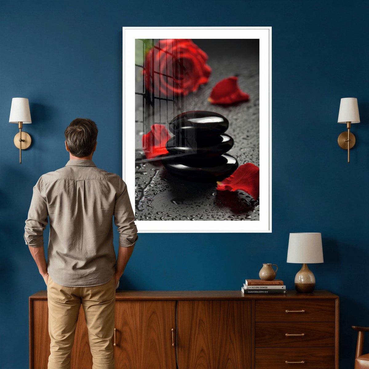 Black Lava Stone Rose Canvas | Red Rose Spa Photography