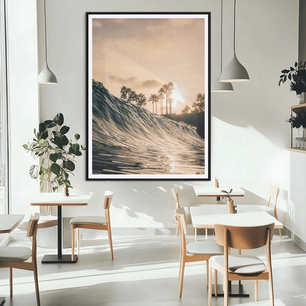 Sunset Wave Ocean Wall Art – Framed Palm Tree Canvas