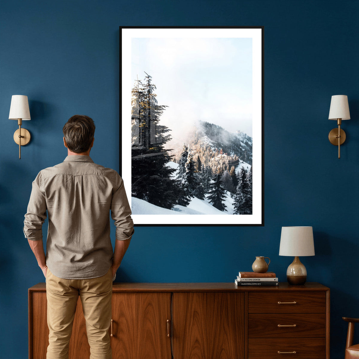 Snowy Mountain Forest Wall Art Canvas Print, Winter Pine
