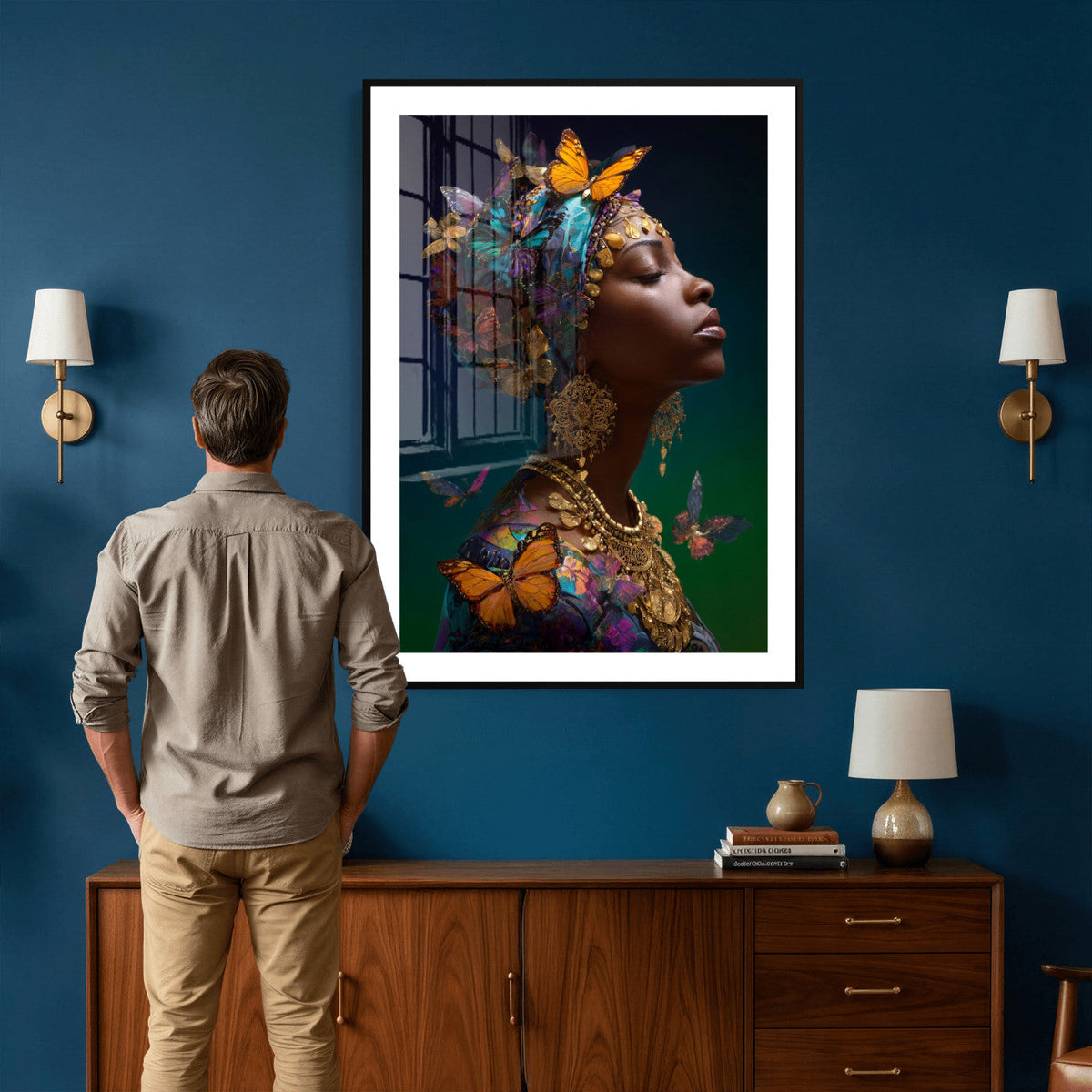 Butterfly Crown Gold Woman Portrait — Monarch Queen Canvas