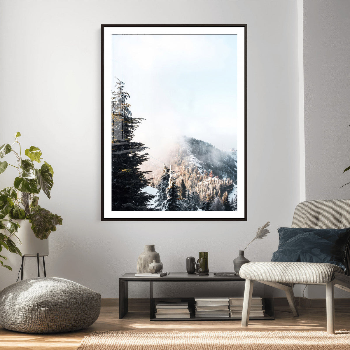 Snowy Mountain Forest Wall Art Canvas Print, Winter Pine