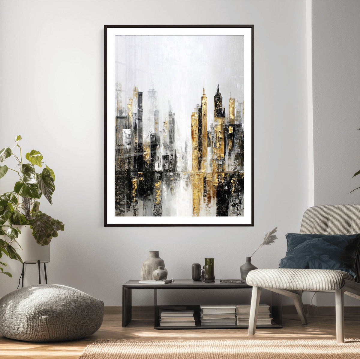 Abstract New York Wall Art Canvas Print, Gold Black Modern