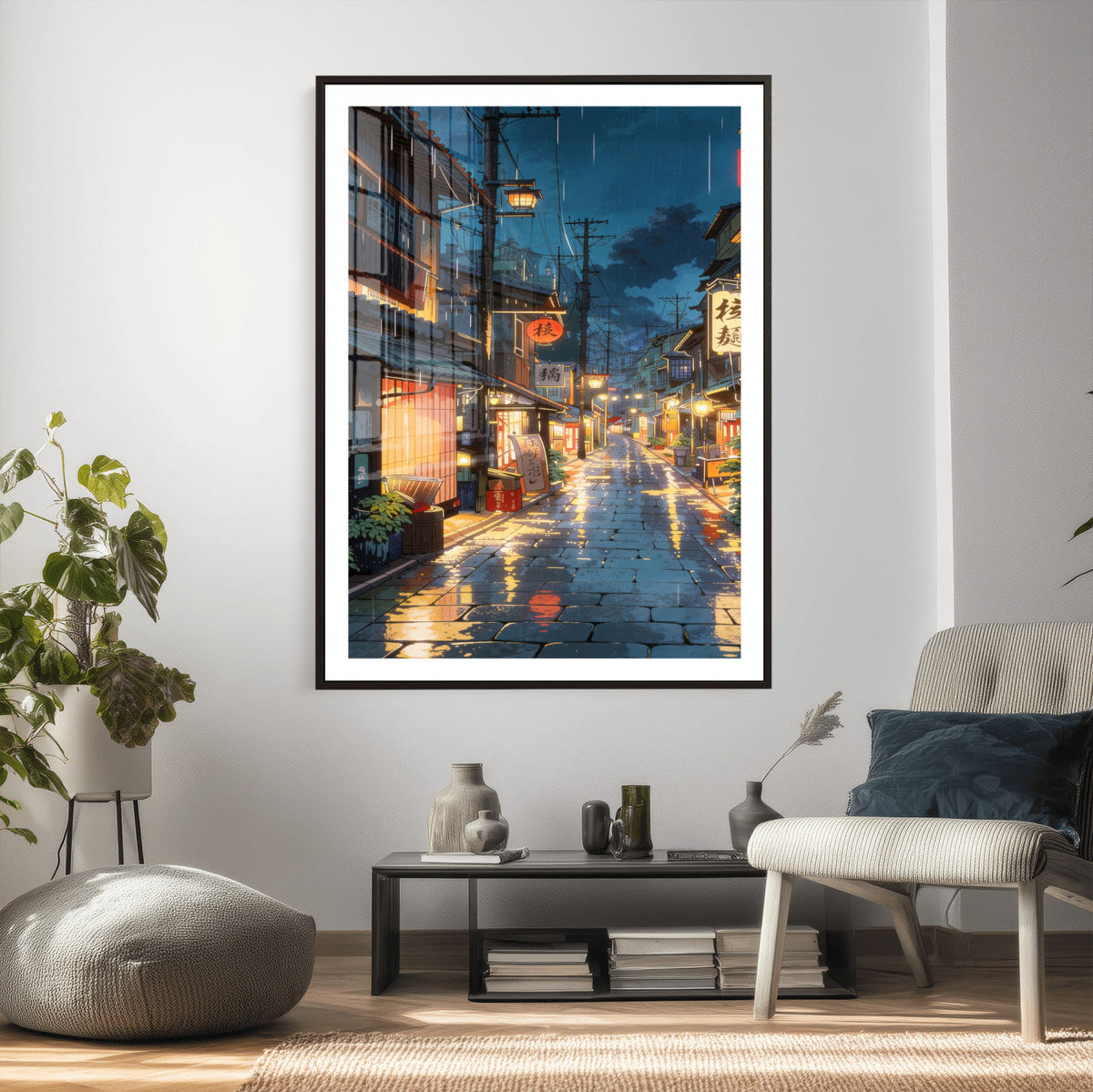 Tokyo Tea House Canvas Wall Art — Japan Rainy Night Street