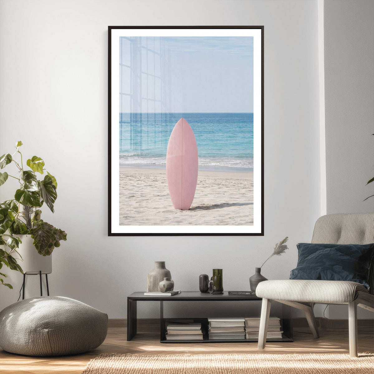 Pink Surfboard Canvas Wall Art, Minimalist Beach Photography