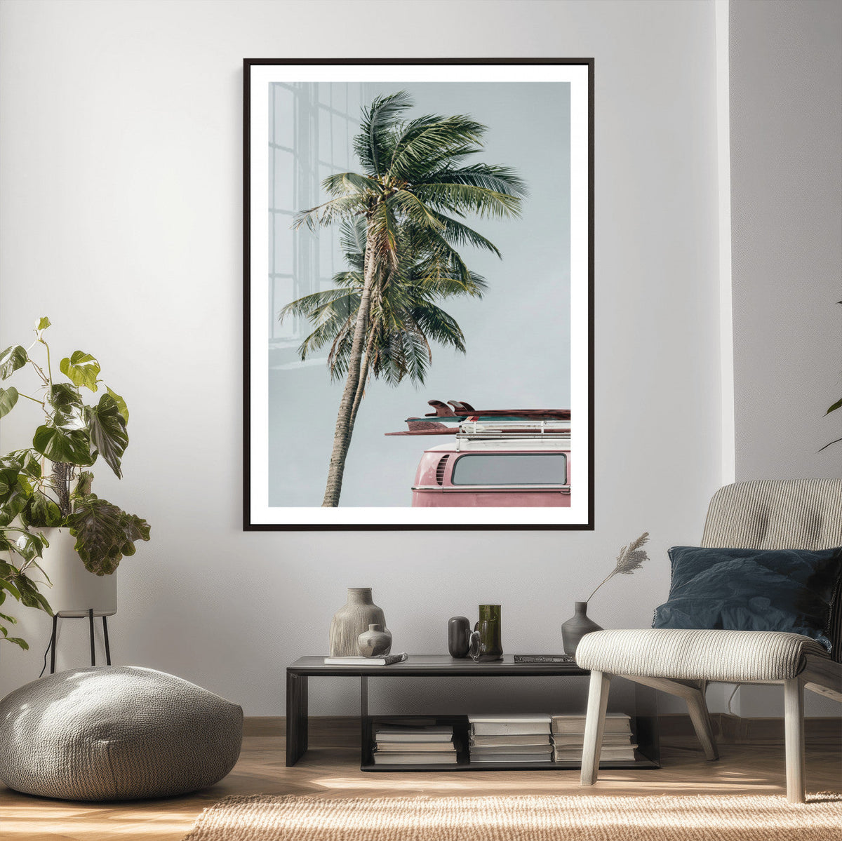 VW Van Palm Tree Canvas Wall Art, Pink Camper Surfboards
