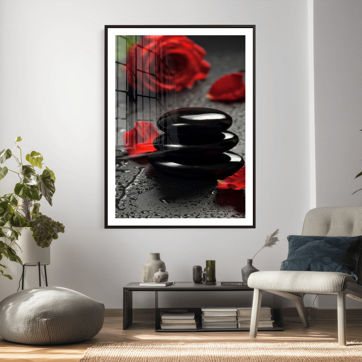 Black Lava Stone Rose Canvas | Red Rose Spa Photography