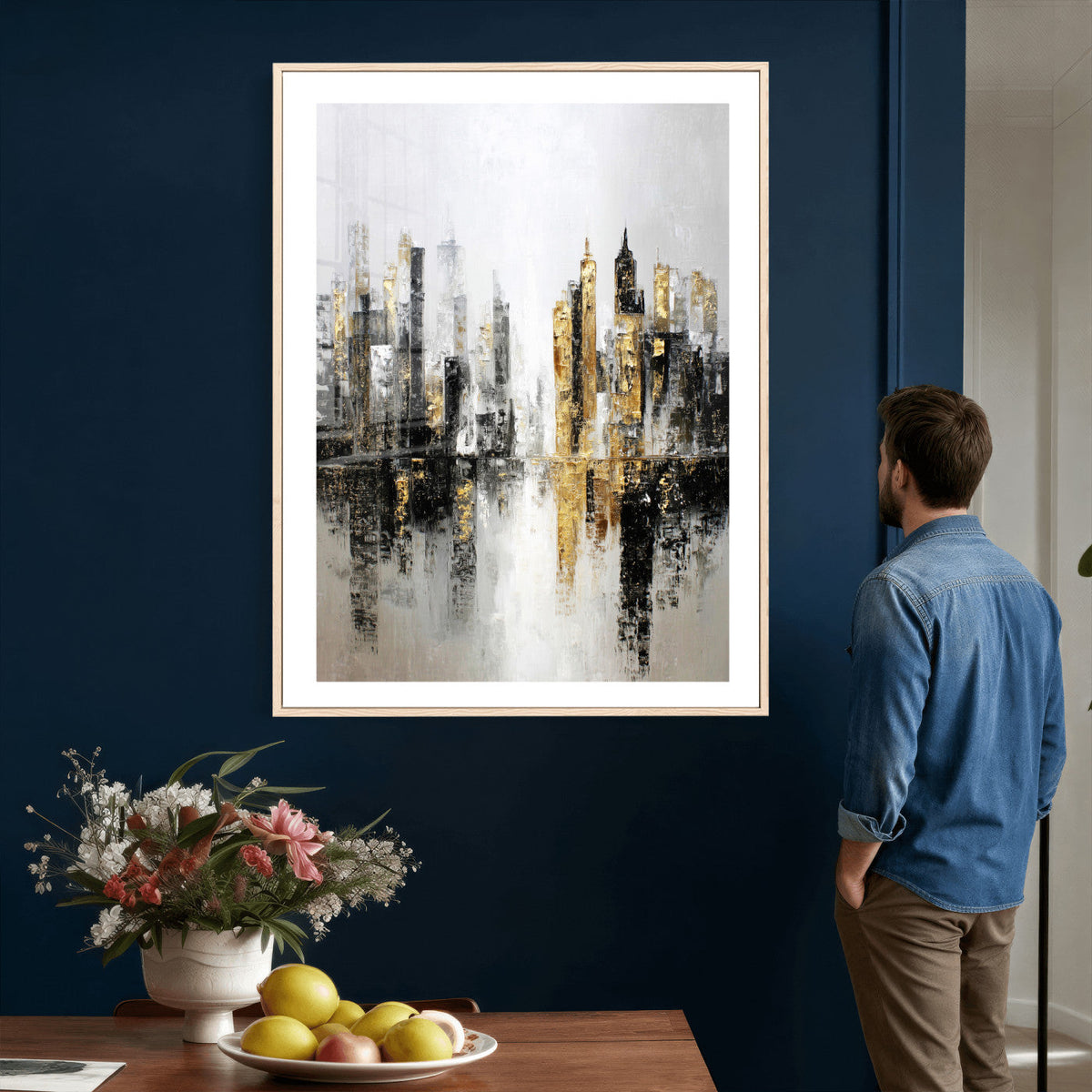 Abstract New York Wall Art Canvas Print, Gold Black Modern